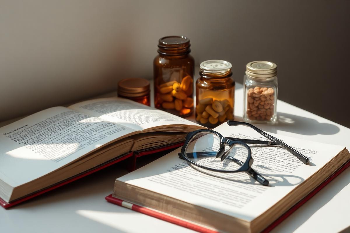 Open reference books and glasses beside supplement jars on a desk